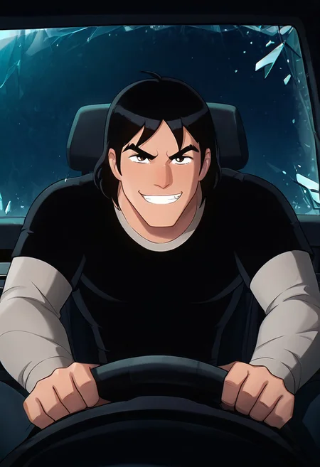 masterpiece, best quality, amazing quality, very aesthetic, absurdres, newest,
kevaf, black hair, 1boy, solo, black shirt, layered sleeves, short over long sleeves, thick eyebrows,
 angry, smile, dashcam pov, hands on steering wheel, driving car, drivers seat, clenched teeth, dashboard pov, flying bullets, flying glass shards, broken glass,