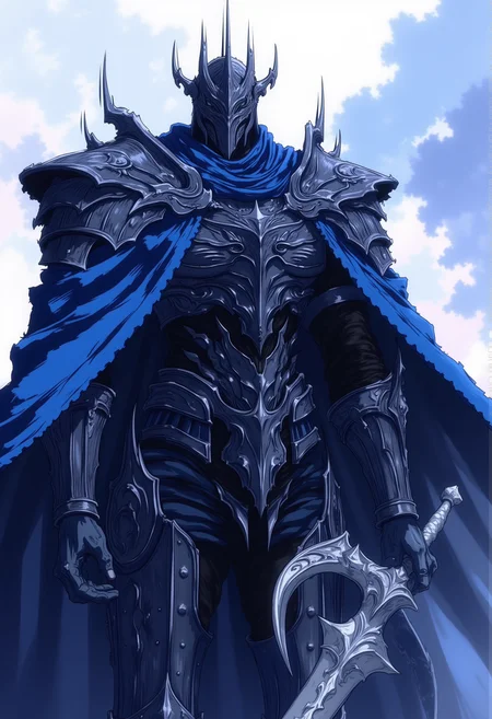 <lora:NeonFantasyPrimeFLUX-000049:0.8> ne0nfant4sy,
an image featuring a tall, armored figure standing in the foreground. the character is clad in intricate, dark blue armor with a high collar and has a serious expression. they wear a menacing helmet with sharp spikes and a faceplate that obscures their face, giving them a formidable appearance. the armor is adorned with silver accents and a prominent, ornate shoulder guard. the figure holds a long, ornate sword with a curved hilt in their right hand.