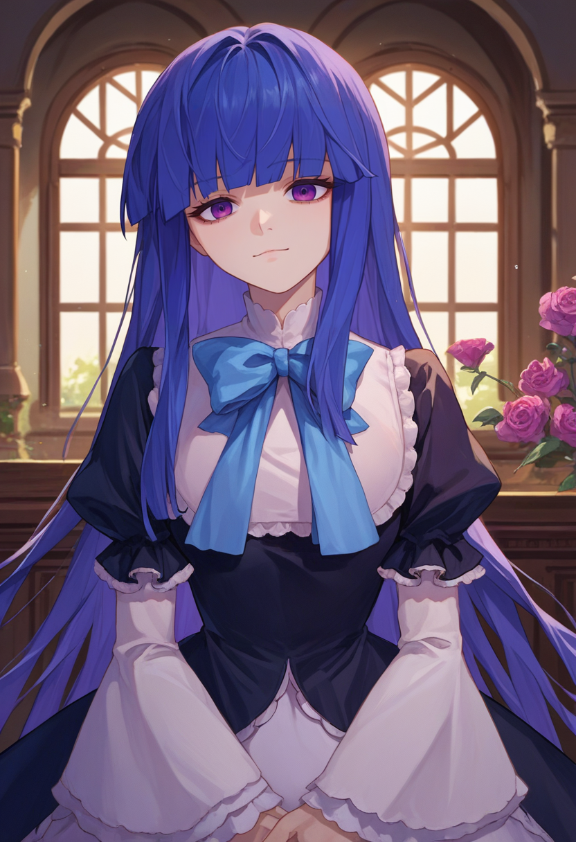 score_9, score_8_up, score_7_up,  source_anime,   <lora:BernPXL-000013:1> frederica bernkastel, long hair, blue hair, purple eyes,  black dress, frills, blue bow,  yandere,