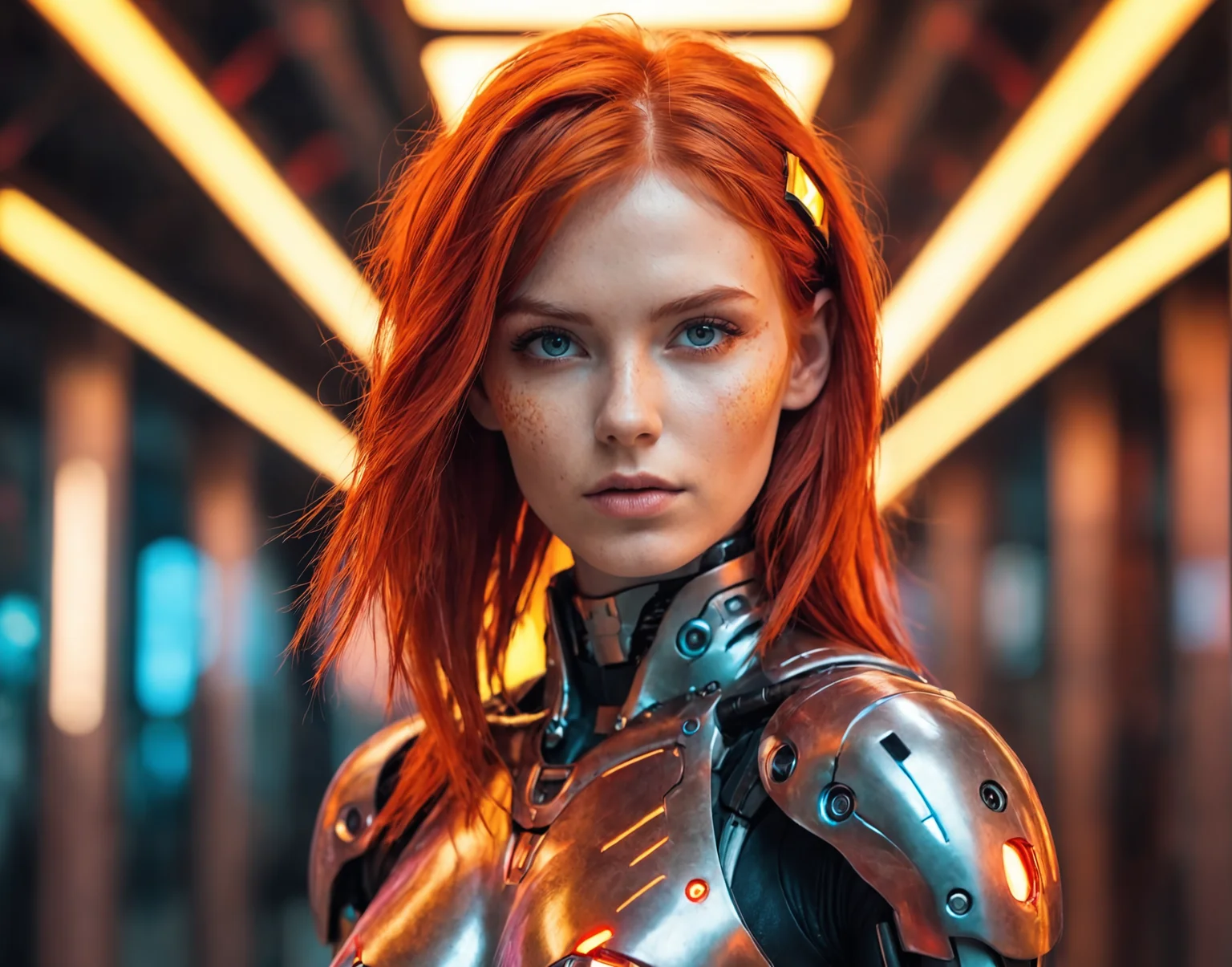 Best quality, Raw photo, face portrait, a young cyborg woman with fiery red hair. Her face fills the frame, bathed in neon hues, exuding determination and mystery amidst a futuristic backdrop