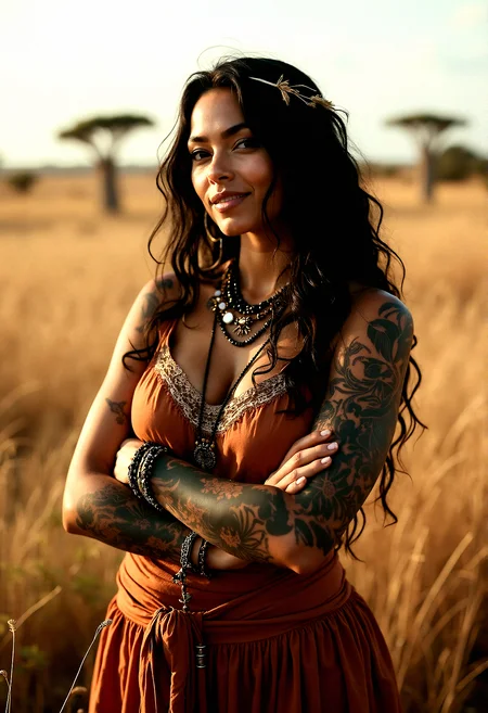 Photorealistic photography of a slightly voluptuous tattooed beauty, a 43 years old woman with black hair, adorned with bohemian accessories, in a softly lit environment.Arms crossed over the chest, with a soft smile.African Savanna with tall grasses, acacia trees, and a wide-open sky.A blend of rustic and natural elements, with warm wood tones and soft textiles.