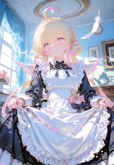 ((poised bow,eye level shot,hands lifting dress,smile,front view, negative space:1.5))

1 girl, short and petite,(blonde hair:1.3), (vibrant pink accents hair:1.1),fair skin,pink eyes, (sparkling eyes:1.1),ahoge,small wings ,floating feathers,(low twintails:1.3)

(Shoulderless sleeve,Black Victorian Maid outfit,hair bun:1.3),(bright victorian bedroom:1.5),(day:1.5)

(Bokeh around character:1.3),(character focus:1.2),((dynamic pose:1.4)),((foreshortening:1.6)),((extreme perspective:1.4))

748cmstyle,Cunnystyle,Smooth_Quality,amazing quality, ((aesthetic:1.3)),(bold lines:1.3),((4k,8k,Ultra HD)),((Masterpiece :1.2)),((Best quality :1.2)),((Detailed :1.5)),((Detailed background :1.5)),