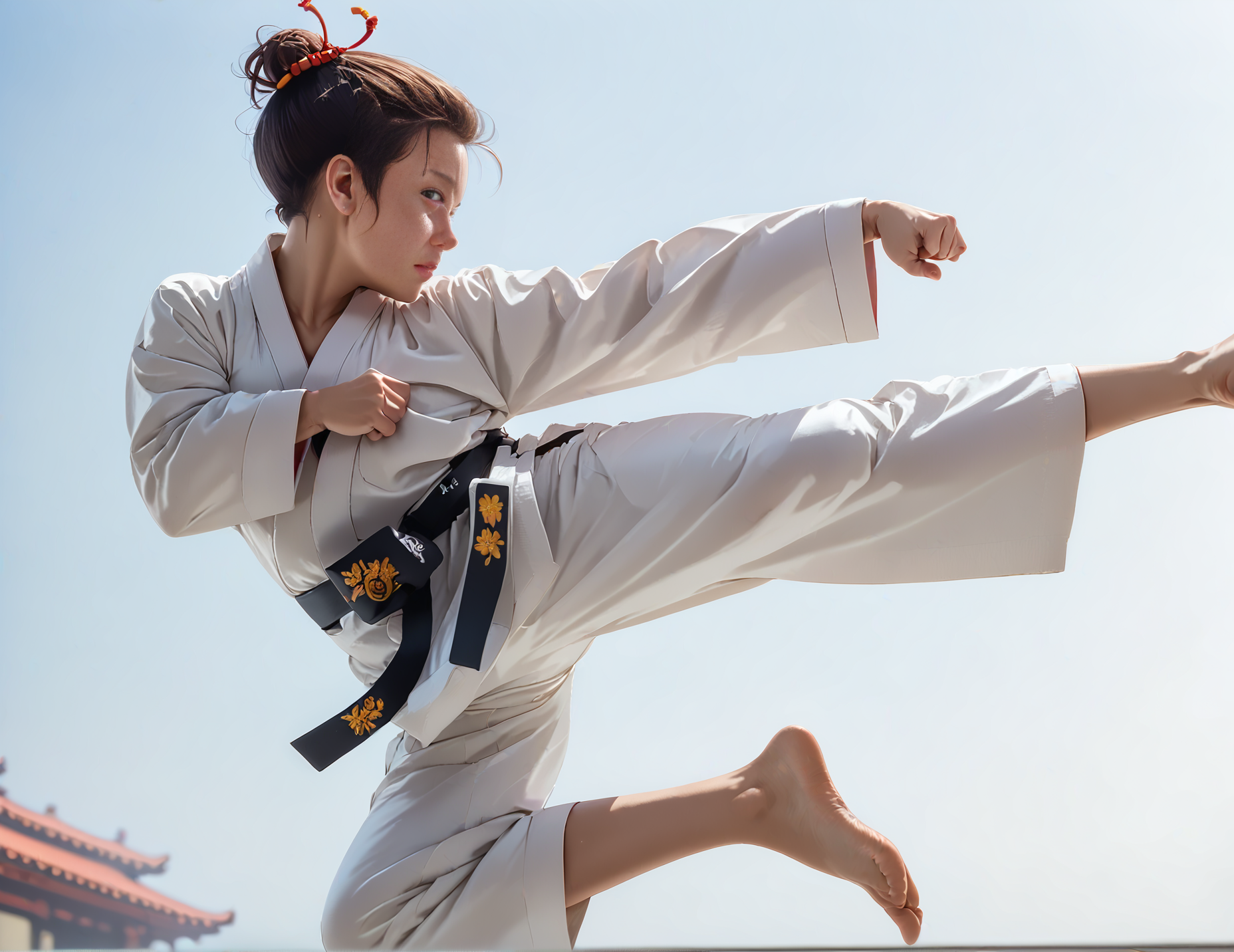 score_9, score_8_up, score_7_up, jusiki, side view, (slim 25yo female), doing a high jump sidekick, in front of pagoda. karate uniform and black belt,short brunette straight hair <lora:JumpedSideKickPony-000007:1>