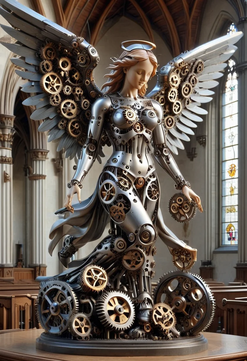 g3ars, angel statue made out of gears, industrial design, steampunk, cogs and gears, located in a church, ,Masterpiece,best quality, photo, realistic, very aesthetic <lora:Gears_World_Morph:1>