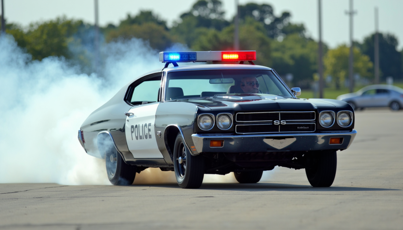 1970chevelless as a police car, light bar on roof, doing donuts in a walmart parking lot, smoke from tires, back tires are spinning|blurry, police man driving,
extremely detailed, sharp focus, sharp