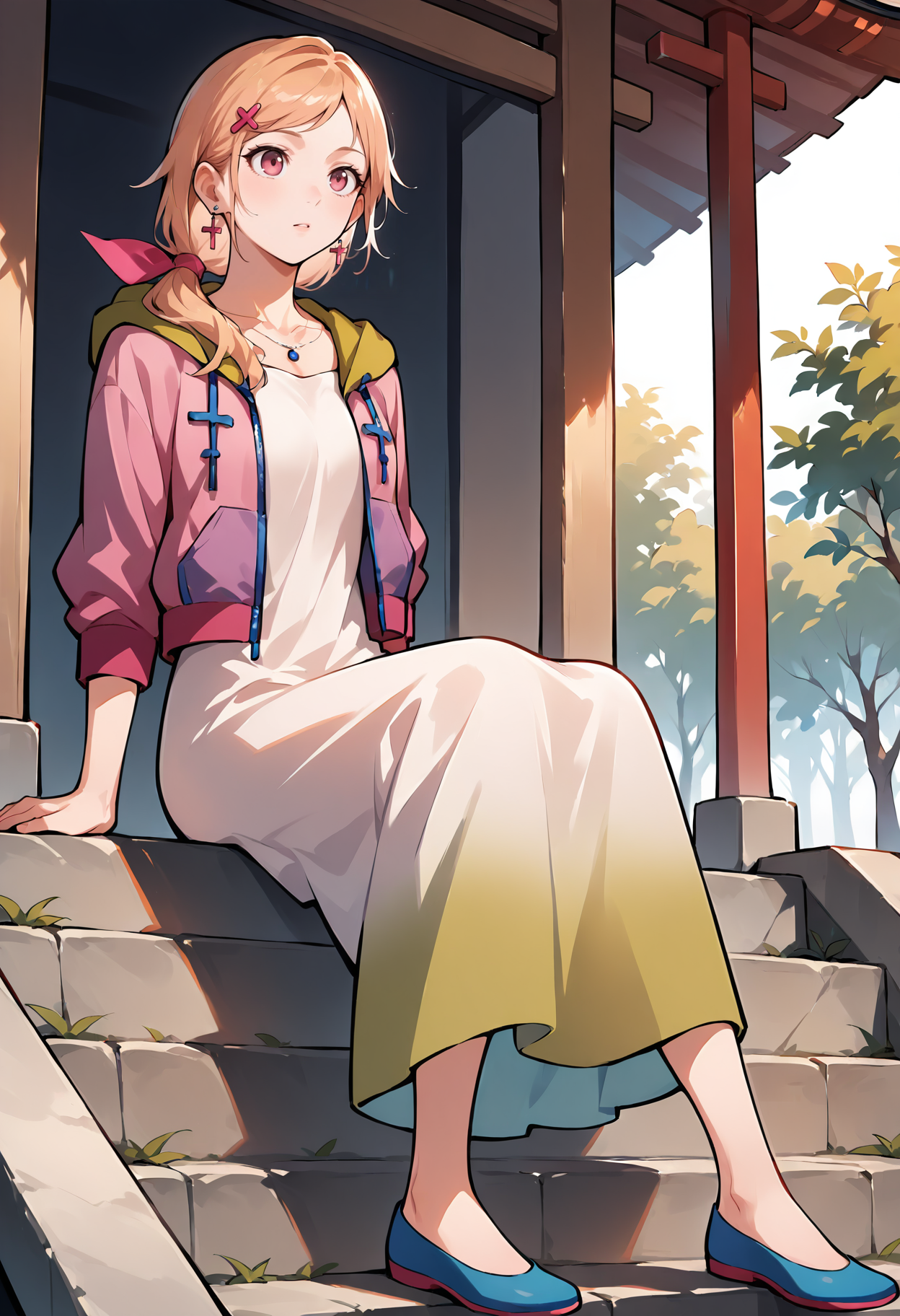 <lora:add-detail-xl:1>,masterpiece,best quality,absurdres,highres,detailed eyes,beautiful,detailed background,perfect eyes,realistic,
A girl sitting on the steps of a shrine,solo,
<lora:Kimishima_Saki:1>,long hair,red eyes,white hair,blonde hair,brown eyes,hair ribbon,short hair,hair bow,ponytail,jewelry,dress,earrings,necklace,jacket,brown hair,blue footwear,open jacket,open clothes,collarbone,shoes,pink jacket,white dress,long dress,hood,cross,multicolored clothes,flats,low ponytail,purple eyes,ribbon,green skirt,hoodie,hooded jacket,long skirt,bangs,skirt,purple jacket,aqua footwear,hood down,long sleeves,light brown hair,cross earrings,side ponytail,drawstring,cross necklace,breasts,pink eyes,orange hair,hair ornament,bow,