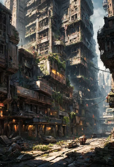 extremely detailed, there is a truck that is driving through a city with buildings, digital concept art of dystopian, post - apocalyptic city, dystopian scifi apocalypse, photorealistic dark concept art, post apocalyptic city, post apocalyptic scene, apocalyptic city, highly realistic concept art, post apocalyptic atmosphere, post apocalyptic tokyo, post apocalyptic wasteland, post - apocalyptic wasteland, post - apocalyptic city streets, unreal engine 5, perfect composition, vibrant, rtx, hbao, sharp, realisticvision-negative-embedding
