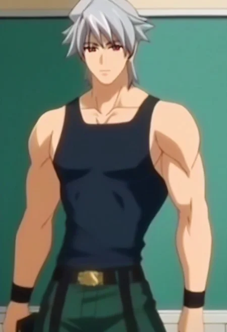((masterpiece)), ((best quality)), ((ultra-detailed)), ((absurdres)), score_9_up, score_8_up, score_7_up,
HD, top quality, best quality, amazing quality, High-quality illustrations, anime screencap, source_anime, best aesthetic, perfect proportions, perfect eyes, 1boy, 1male, solo boy, solo male, male focus, solo male focus, Anime, boy, male anime character, anime boy, handsome, cute, charming, sexy, good-looking, Yuki Asahina, silver-gray hair, red eyes, ((black tank top)), ((black wristbands)), ((dark green pants)), ((fit body, hunk body)), ((front view, front shot, facing front, view from the front)), ((cowboy shot, head to hips shot)), ((classroom)), easynegative, updn, Expressiveh, masterpiece, best quality, very aesthetic, absurdres