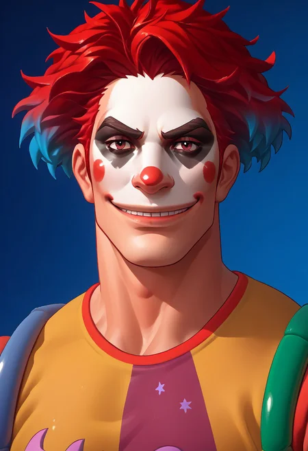 score_9_up, score_8_up, score_7_up, solo, line art, 1boy, fort_nitenite, facepaint, red hair, t-shirt, face focus, portrait, muscular, bara, smile,