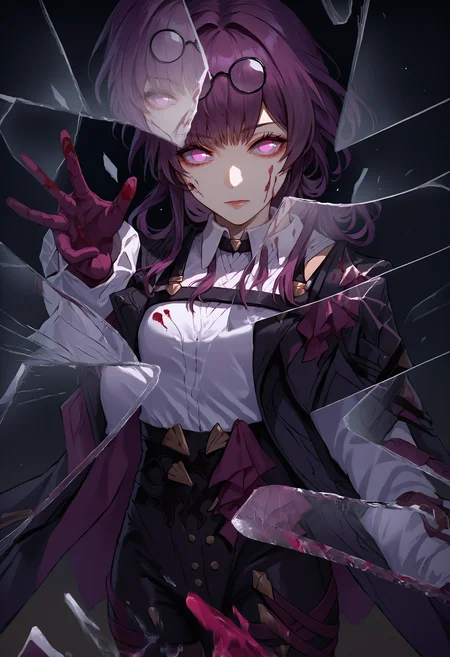 score_9, score_8_up, score_7_up, source_anime, 1girl, kafka, purple eyes, bangs, eyewear on head, <lora:Kafka_XLPD:1>, collared white shirt, long sleeves, jacket on shoulders, black jacket, black shorts, gloves, purple gloves, pantyhose under shorts, criss-cross straps, thigh strap, purple pantyhose,<lora:BreakingGlassXLPDCAME:1> IncrsXLBrknGls, broken glass, reflection, cowboy shot, reaching towards viewer, blood, blood on face, blood splatter, gun shot,