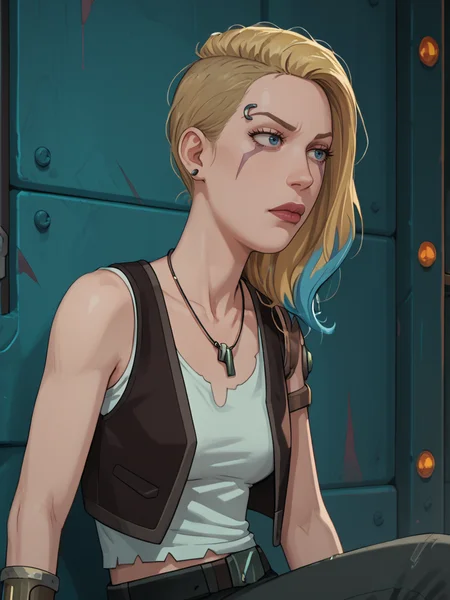 Score_9, Score_8_up, Score_7_up, Score_6_up, Source_cartoon,
From the side, sitting, 
1girls, sp4ceb3th, vambrace, blonde hair, blue hair, asymmetrical hair, multicolored hair, blue eyes, tanktop, vest, jewelry, necklace,
<lora:Space_Beth:0.95>