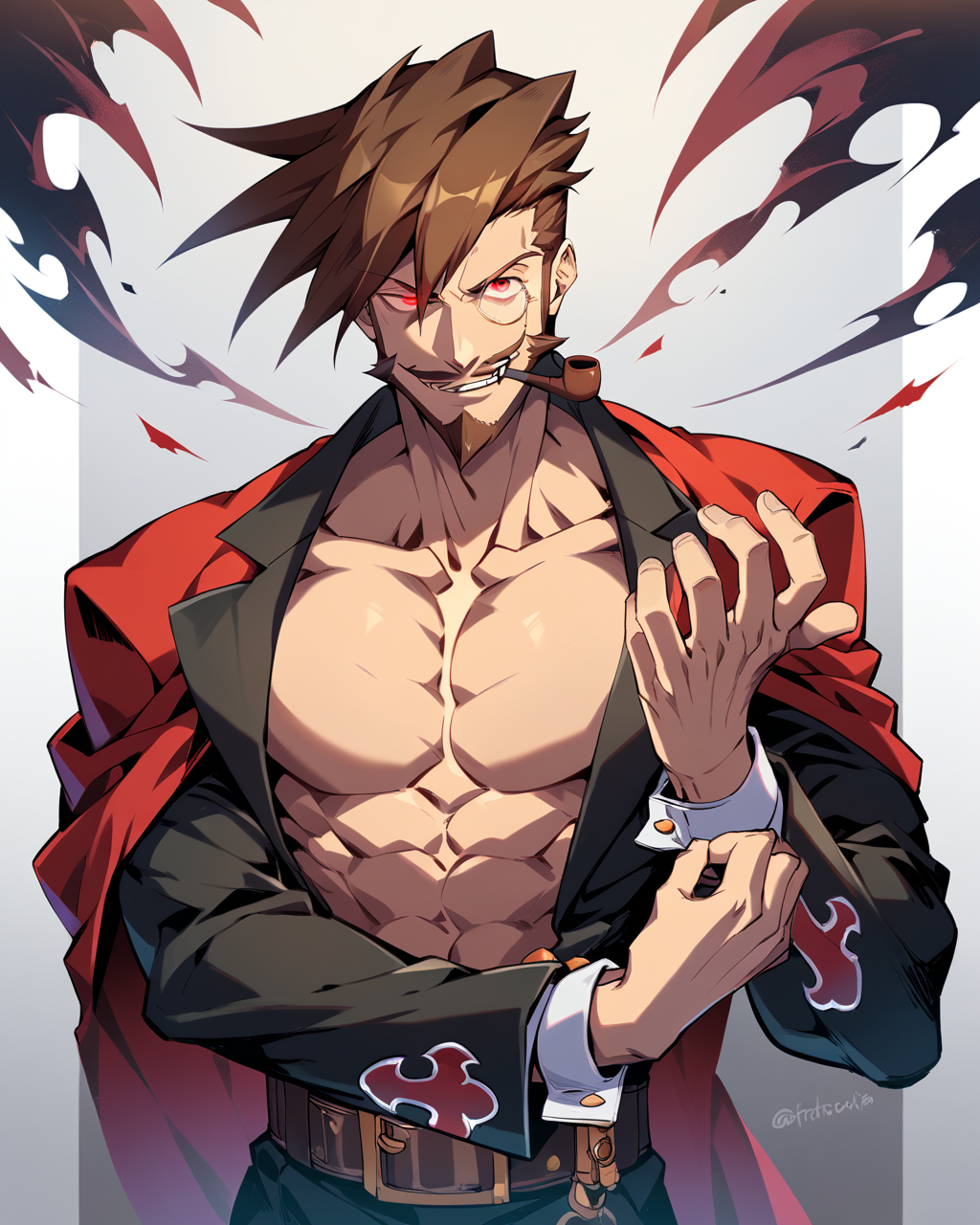 1boy, male focus, Slayer, guilty gear, score_9, score_8_up, score_7_up, score_6_up,  <lora:Slayer_from_Guilty_Gear:0.7>, solo, brown hair, smoking pipe, monocle, facial hair, mature male, vampire, smirk, looking at viewer, toned, athletic, fit, fang, pipe, short hair, slicked to the side hair, mustache, male focus, best quality, amazing quality, best aesthetic, absurdres, smirk, evil smile, red eyes, glowing eyes, seductive, dandy, <lora:aesthetic_anime_v1s:0.4>, <lora:xl_more_art-full_v1:0.5> <lora:EpicF4nta5yXL:0.5>, (Adjusting cuff), (bare chest, pecs), swimwear,