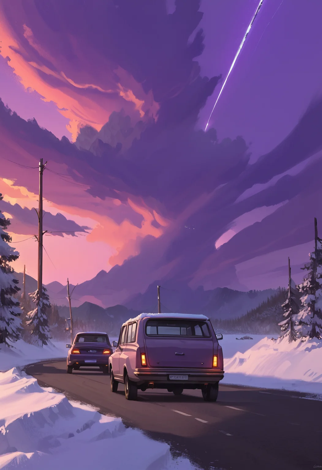 score_9, score_8_up, score_7_up, score_6_up, score_5_up, score_4_up,
<lora:ScenicHorizonsV3.1:1> sc3n1ch0r1s0ns,
sky, cloud, tree, night, scenery, nature, motor vehicle, snow, purple background, forest, sunset, mountain, car, road, vehicle focus, winter, mountainous horizon, twilight, evening, gradient sky, shooting star, contrail, dusk, purple sky, truck, license plate, headlight