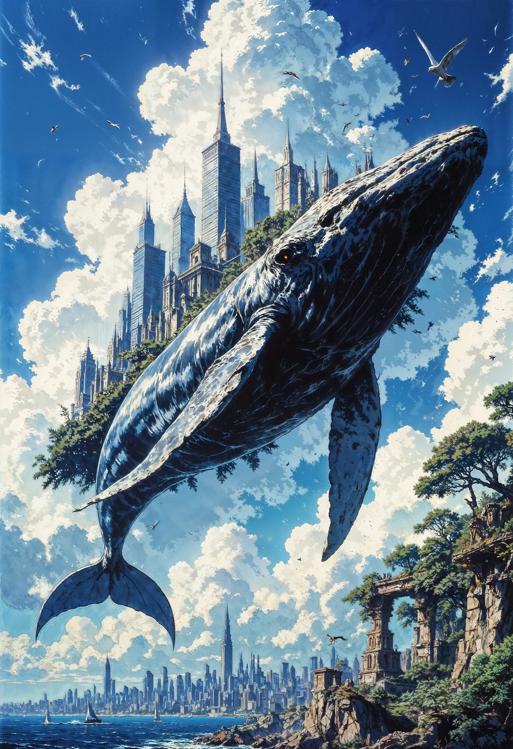a vibrant, surreal digital artwork depicting a massive whale floating in the sky, carrying a cityscape on its back. The whale is detailed with shades of blue and gray, with reflections of sunlight creating a shimmering effect on its skin. The city on its back features modern skyscrapers and lush greenery, suggesting a harmonious blend of nature and urban life. Below, a coastal city with buildings of varying heights is visible, with some structures covered in vegetation. The sky is a bright blue, filled with fluffy white clouds and numerous birds flying around, enhancing the sense of movement and scale. The overall composition is dynamic, with a sense of wonder and fantasy, capturing a dreamlike scene where nature and civilization coexist in an imaginative world.