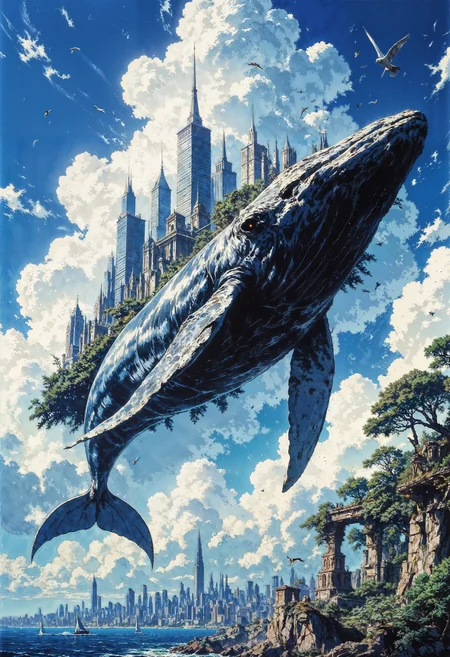 a vibrant, surreal digital artwork depicting a massive whale floating in the sky, carrying a cityscape on its back. The whale is detailed with shades of blue and gray, with reflections of sunlight creating a shimmering effect on its skin. The city on its back features modern skyscrapers and lush greenery, suggesting a harmonious blend of nature and urban life. Below, a coastal city with buildings of varying heights is visible, with some structures covered in vegetation. The sky is a bright blue, filled with fluffy white clouds and numerous birds flying around, enhancing the sense of movement and scale. The overall composition is dynamic, with a sense of wonder and fantasy, capturing a dreamlike scene where nature and civilization coexist in an imaginative world.