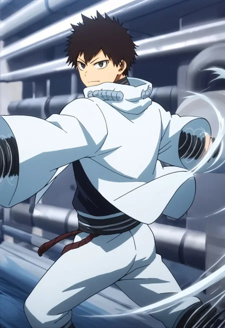 score_9, score_8_up, score_7_up, SenKaibara, official style, 1boy, solo, , black hair, black eyes, white jacket, pants,Whirl,wind sfx,white lines, looking at viewer, dynamic pose, school gym background,
