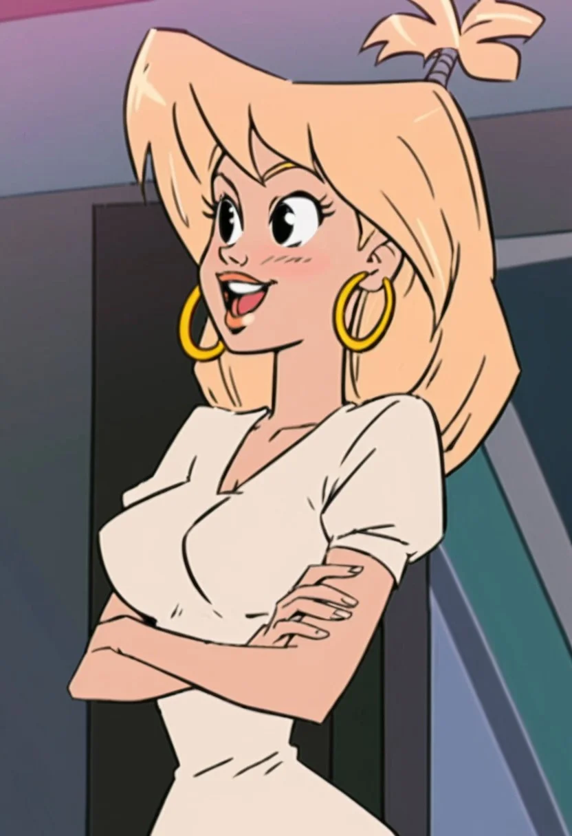 woman, tiffany, kangoo,blonde hair, black eyes, earrings, jewelry, 1girl, crossed arms, hoop earrings, open mouth, smile, shirt, upper teeth only, upper body, breasts, short sleeves, solo focus, blush, white shirt