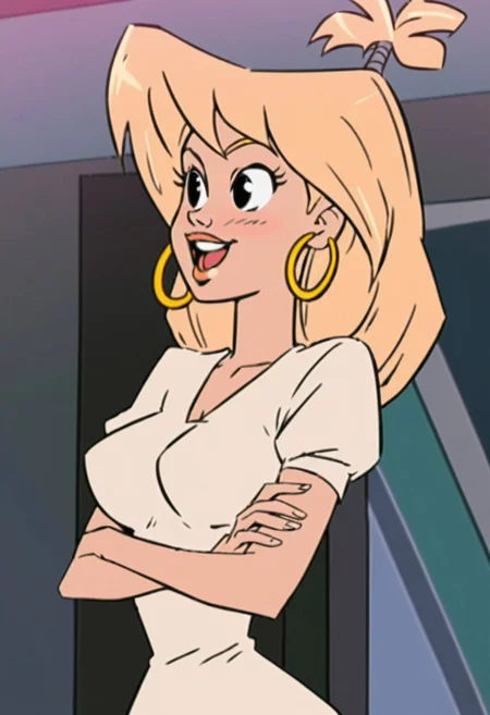 woman, tiffany, kangoo,blonde hair, black eyes, earrings, jewelry, 1girl, crossed arms, hoop earrings, open mouth, smile, shirt, upper teeth only, upper body, breasts, short sleeves, solo focus, blush, white shirt