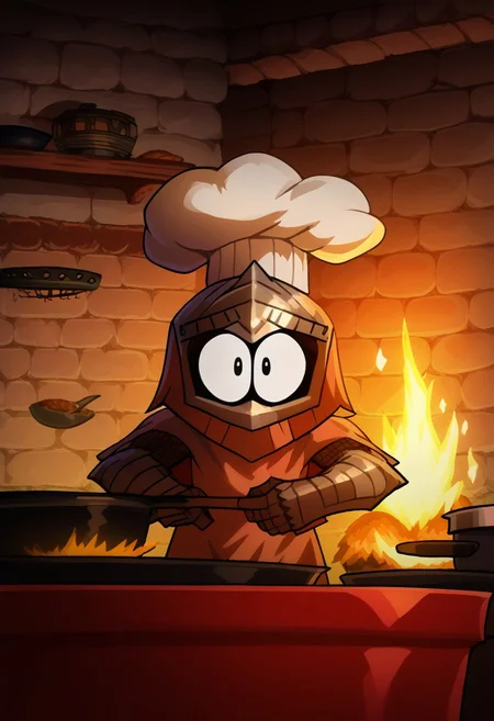 knight, big eyes, helmet, cape, big helmet, castle, stone wall, backlit, edgelit, huge gauntlets, cooking, holding a frying pan, fraying pan, pots, beard, chef hat on helmet, helmet, chef hat, lanterns, character focus, furious, angry, fuming, closeup, extreme closeup, very detailed helmet,
