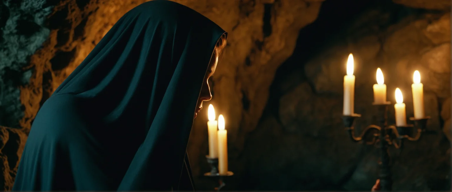 close-up shot of 33 years old mysterious woman, covered with a thick black fabric, standing in a cave, cult rituals vibes, candle lights, Shot on 70mm Film, Film Still, Cinematic movie scene, lomography, Cinematic, dim dark lighting