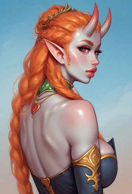 1girl, (((back view))), from front, solo, illustration, comic style, highly detailed, skinny, model body, looking at viewer, masterpiece, best quality, 
((fayenchantress, mizora, mizora \(baldurs gate\), mizora \(bg cambion\), 1girl, ashen grey skin, ginger hair, standing, demon girl, looking at viewer, ((grey demon oni horns)), solo, pointy ears, red eyes, demon wings, necklace, dark blue dress, deep cleavage to the waist, full black sleeves, <lora:Mizora_Baldurs_Gate_Cambion_PONY_XL_by_UOC:1.8>))
(young beauty, fit body:1.3), dynamic pose,
BREAK 
(((ruined city, blue sky:1.6)))) score_9, score_8_up, score_7_up, score_6_up, source_cartoon, rating_explicit, Expressiveh, ((((upper body))))), dynamic pose