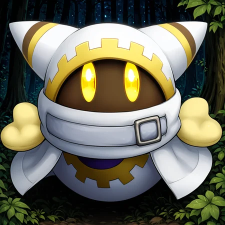 cute forest,  <lora:Magolor:1> magolor,  white outfit, solo, yellow eyes, no humans,belt, cape, glowing eyes, looking at viewer, glowing, buckle, (anime, masterpiece, intricate:1.3), (best quality, hires textures, high detail:1.2), (4k),(incredibly detailed:1.4),UHD, 8K, ultra detailedâââ
