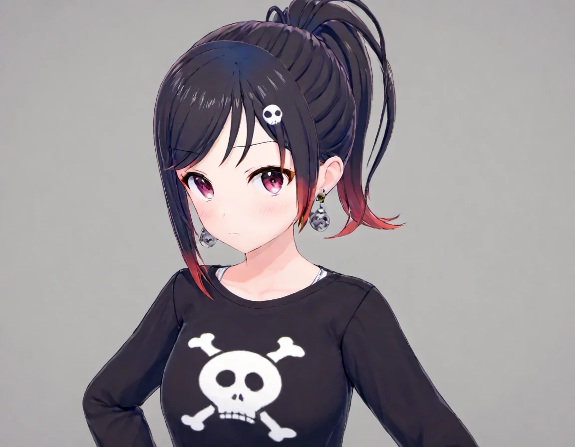 <lora:Rin_Rokuhara:.8>, Rin, 1girl, skull hair ornament, solo, looking at viewer, ponytail, simple background, grey background, jewelry, earrings, shirt, long hair, bangs, black shirt, print shirt long sleeves