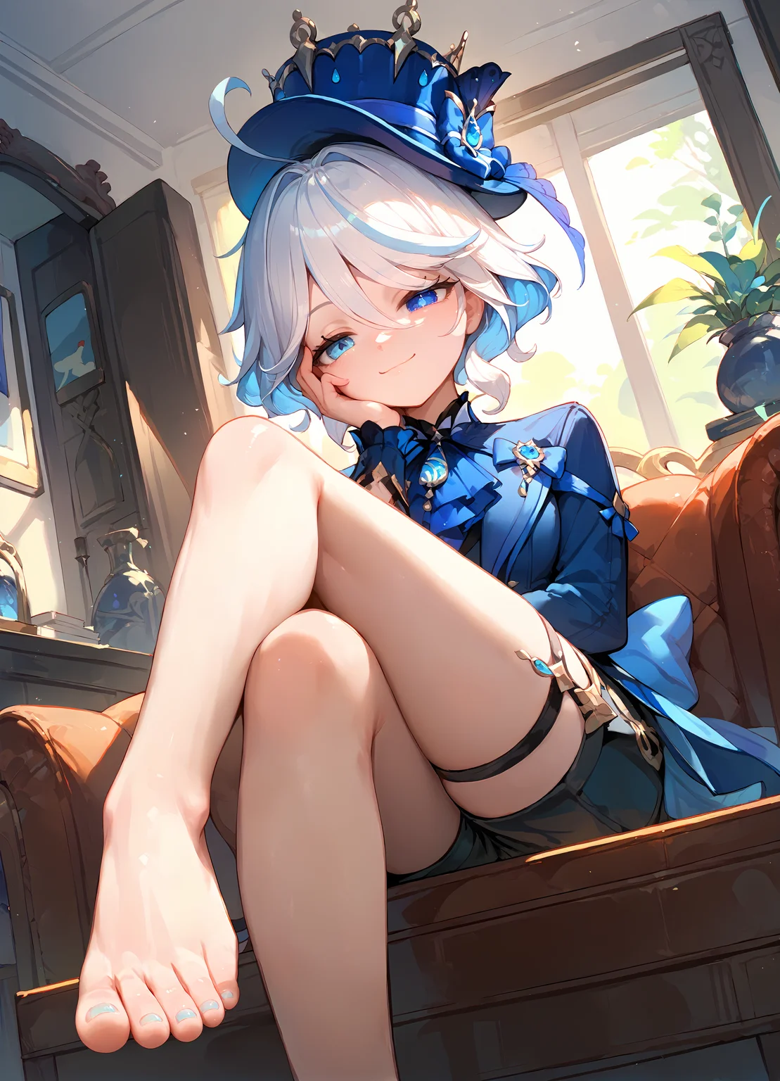 (score_9, score_8_up, score_7_up), 1girl, furina, heterochromia, short hair, black shorts, blue hat, barefoot, crossed legs, sitting, foot focus, foreshortening, indoors, smile, closed mouth, half-closed eyes, hand on own cheek, <lora:furina-giPO-v1b:0.9>,