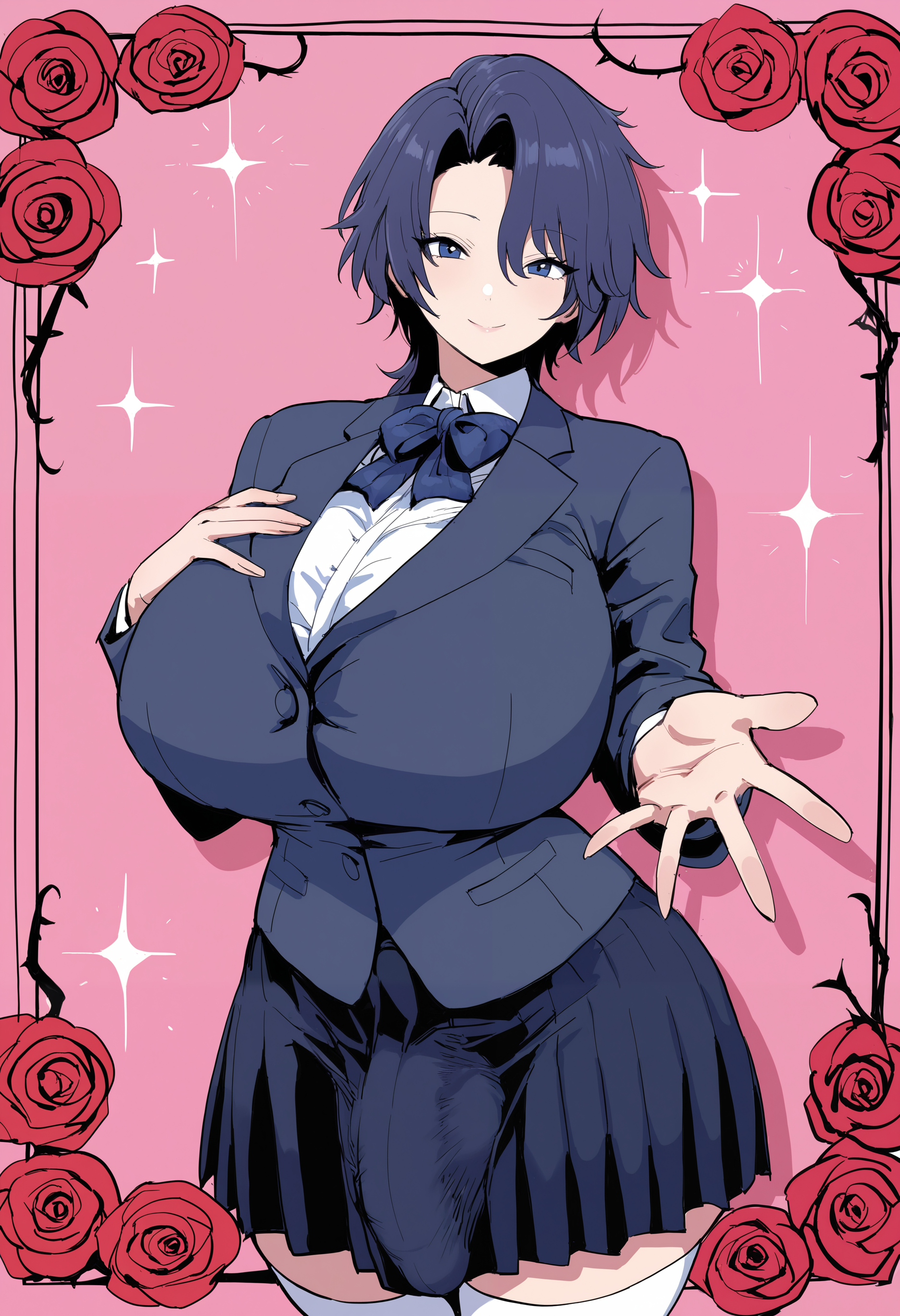 1girl, futanari,reverse trap, curtained hair, smile, breasts,  blue hair, short hair, school uniform, jacket, skirt, white thighhighs, bulge, red rose,rose,wide hips, huge breasts,mullet,bowtie, beckoning, spread fingers, outstretched hand,hand on own chest,open clothes, looking at viewer, xipa,border, rose border,pink background, drop shadow, sparkling aura, sparkle,
very awa, masterpiece, best quality, highres, absurdres, newest,
