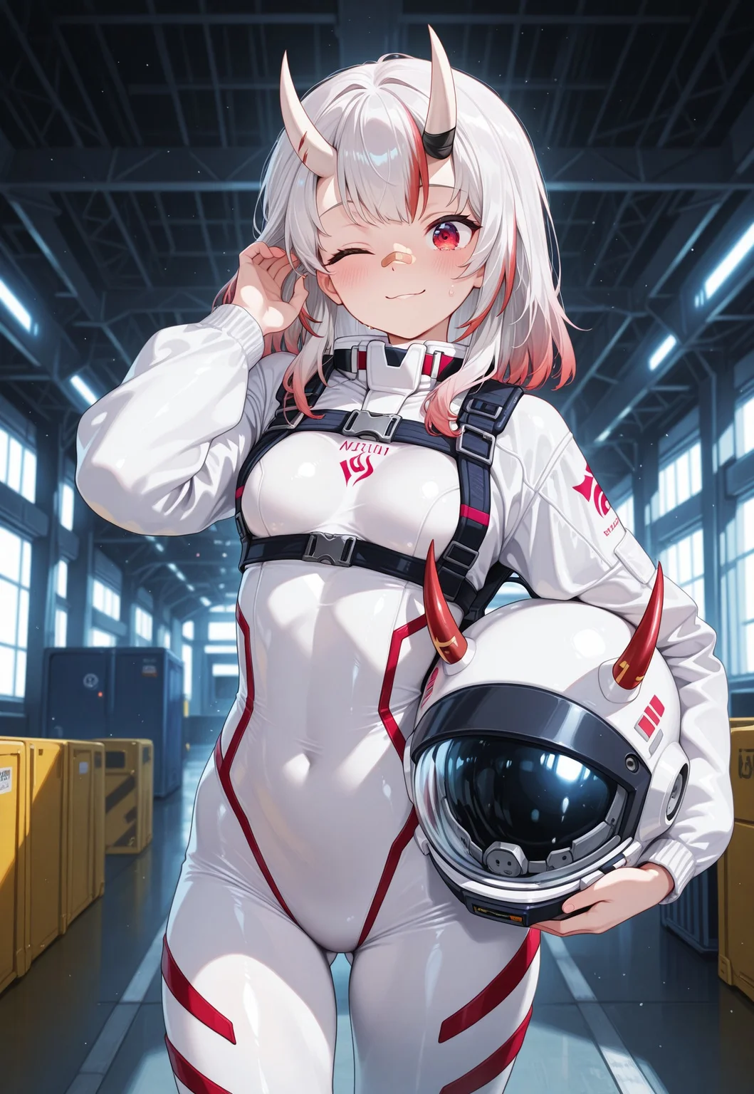 masterpiece,best quality,amazing quality,very aesthetic,absurdres,ultra detailed face,ultra detailed eyes, indoors, hangar, 1girl, solo, nakiri ayame, oni, oni horns, white hair, red hair, streaked hair, gradient hair, medium hair, red eyes, bandaid on nose, alternate costume, white bodysuit, mecha pilot suit, skintight, space helmet, horned helmet, unworm helmet, carrying under arm, chest harness, adjusting hair, wink,