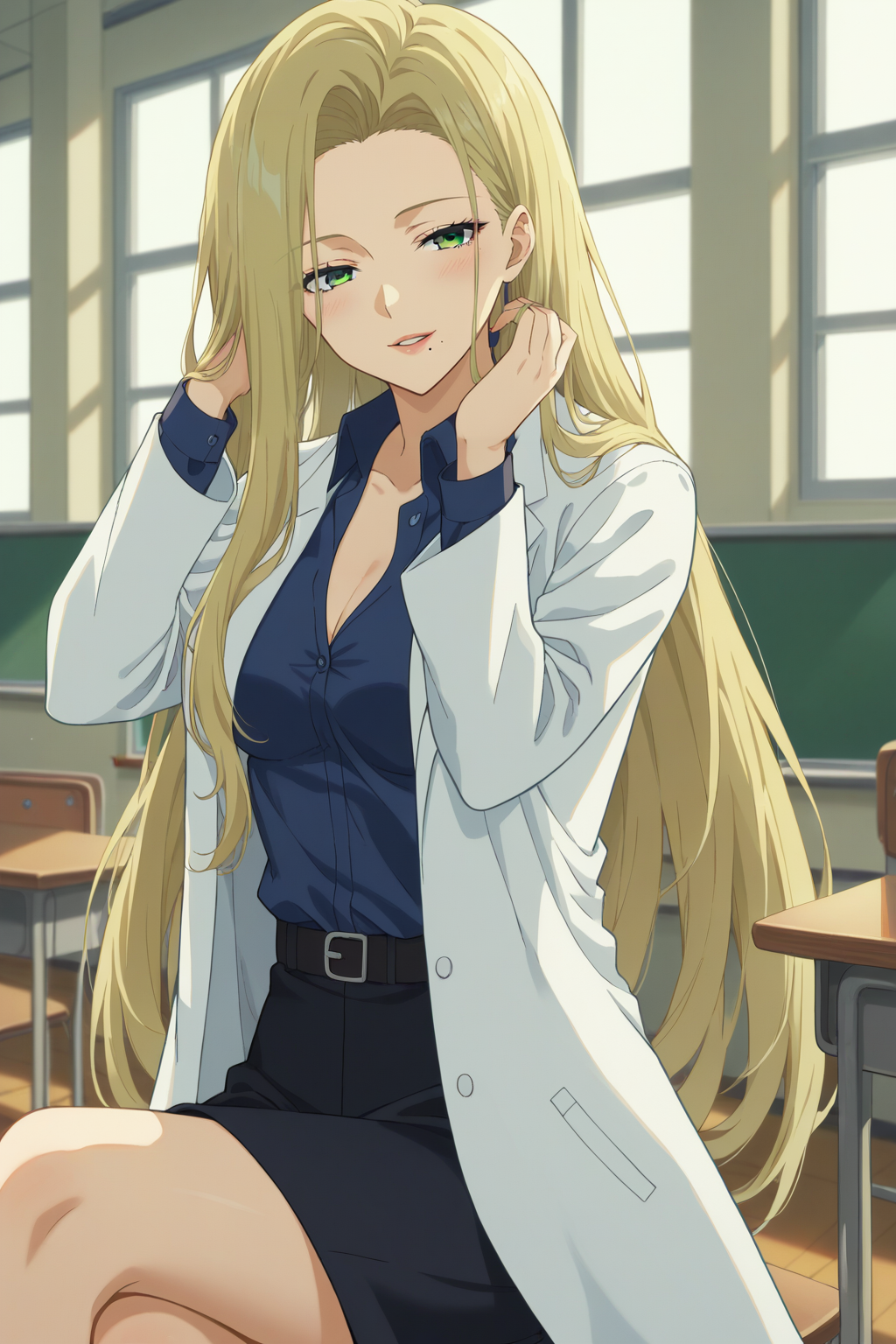 score_9, score_8_up, score_7_up, source_anime, 1girl, prefect lighting, very aesthetic, intricate details, highly detailed background, masterpiece, high quality, prefect hands, best quality, solo,
<lora:Sayo_Konuki_Makeine_V1:.85>, KJOsayo, long hair, blonde hair, green eyes, half-closed eyes, mole under mouth, purple eyeshadow, 
lab coat, blue collared shirt, miniskirt, long sleeves, 
sitting, crossed legs, adjusting hair, head tilt, parted lips, seductive smile, blush, looking at viewer, 
School, classroom, window, sunny,
(Beautiful, medium Breasts:1.2), natural breasts,