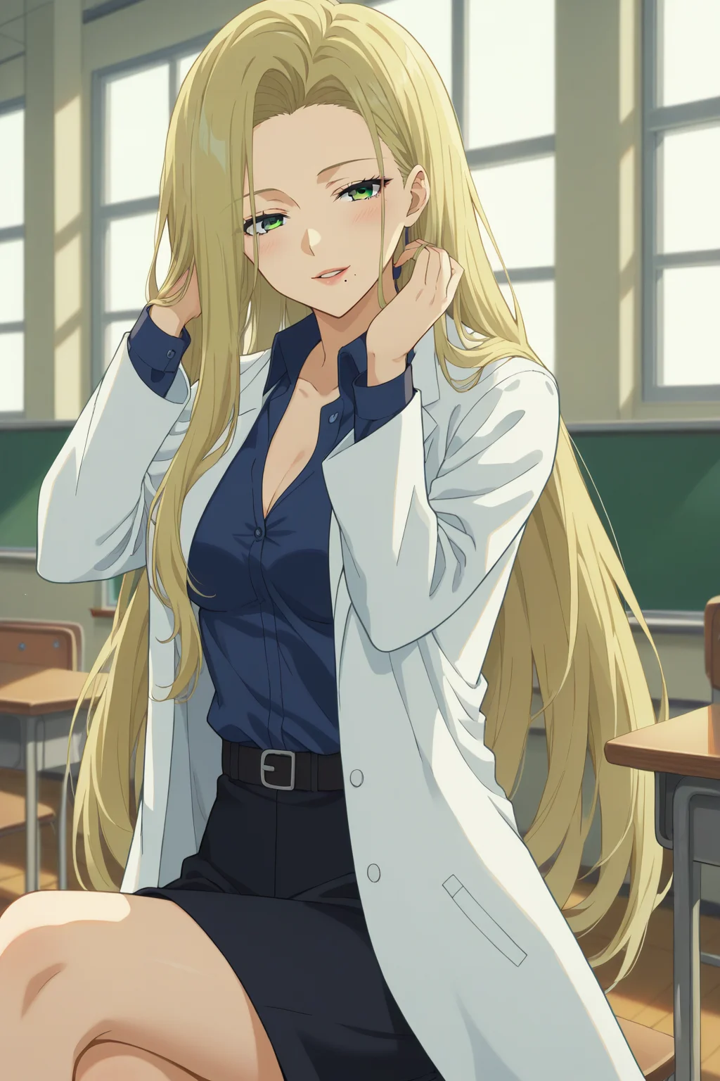 score_9, score_8_up, score_7_up, source_anime, 1girl, prefect lighting, very aesthetic, intricate details, highly detailed background, masterpiece, high quality, prefect hands, best quality, solo,
<lora:Sayo_Konuki_Makeine_V1:.85>, KJOsayo, long hair, blonde hair, green eyes, half-closed eyes, mole under mouth, purple eyeshadow, 
lab coat, blue collared shirt, miniskirt, long sleeves, 
sitting, crossed legs, adjusting hair, head tilt, parted lips, seductive smile, blush, looking at viewer, 
School, classroom, window, sunny,
(Beautiful, medium Breasts:1.2), natural breasts,