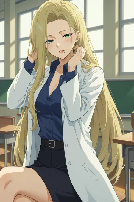 score_9, score_8_up, score_7_up, source_anime, 1girl, prefect lighting, very aesthetic, intricate details, highly detailed background, masterpiece, high quality, prefect hands, best quality, solo,
<lora:Sayo_Konuki_Makeine_V1:.85>, KJOsayo, long hair, blonde hair, green eyes, half-closed eyes, mole under mouth, purple eyeshadow, 
lab coat, blue collared shirt, miniskirt, long sleeves, 
sitting, crossed legs, adjusting hair, head tilt, parted lips, seductive smile, blush, looking at viewer, 
School, classroom, window, sunny,
(Beautiful, medium Breasts:1.2), natural breasts,