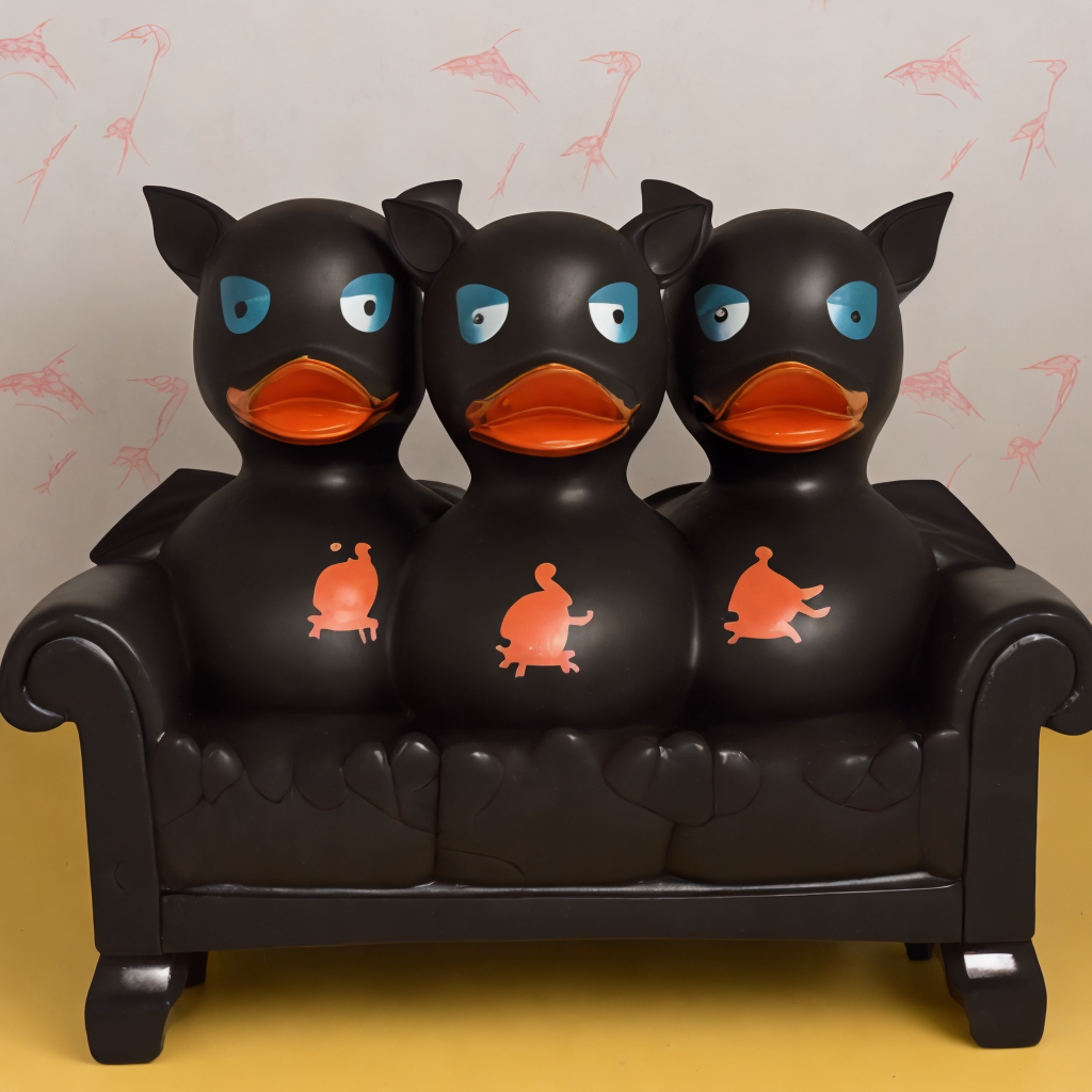 many rubberduck bats, on a sofa in a room<lora:rubberduck-000009:1>
