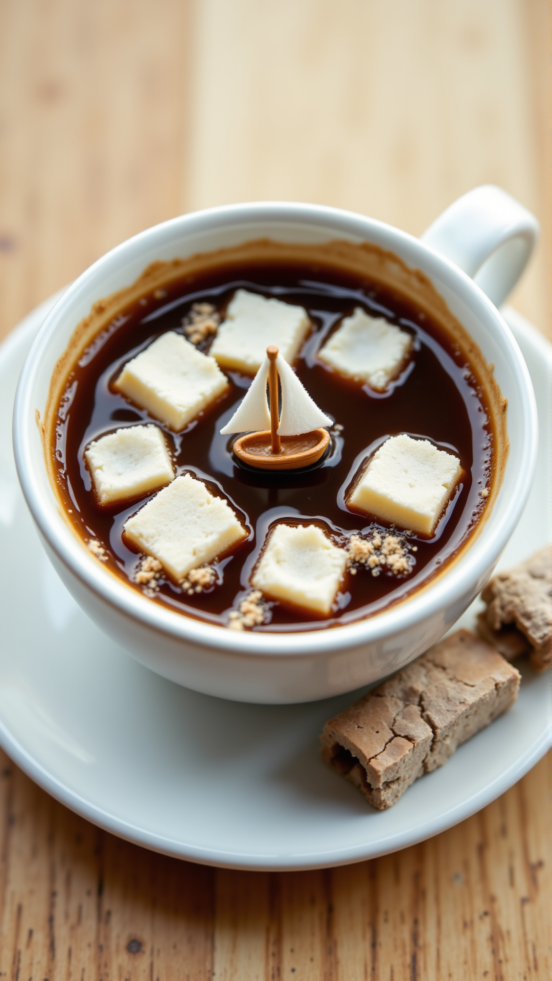 A coffee cup with tiny sailboats floating on the coffee, surrounded by sugar cube icebergs , creative, (masterpiece), unique,  aidmafluxpro1.1