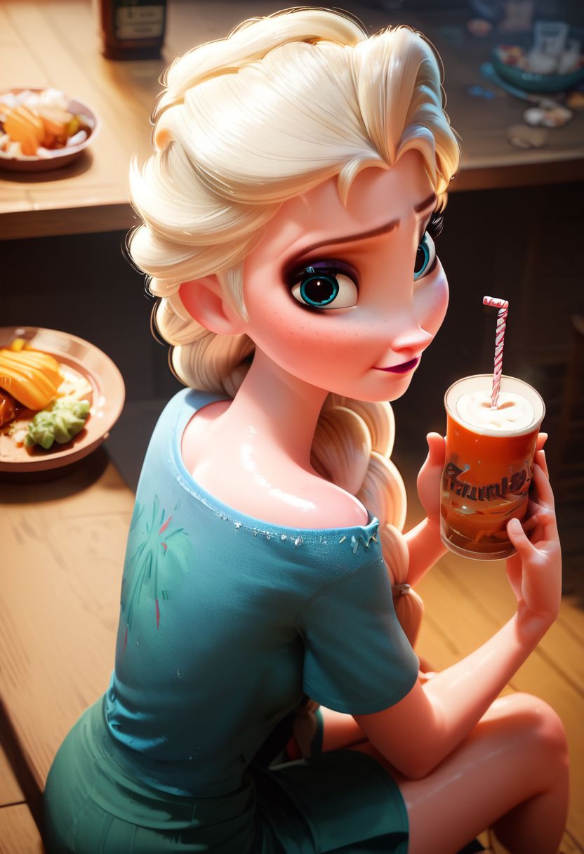 score_9, score_8_up, score_7_up,   
1girl, Elsa, Disney, \(Frozen\)/,(ultra HD quality details), blue eyes, blonde hair, single braid, single braid over shoulder, casual denims, fitted t-shirt,
cute girl, shiny skin, beautiful eyes BREAK japanese bar, drinks, food, sitting on a chair, back view, looking back at viewer, high angle perspective,