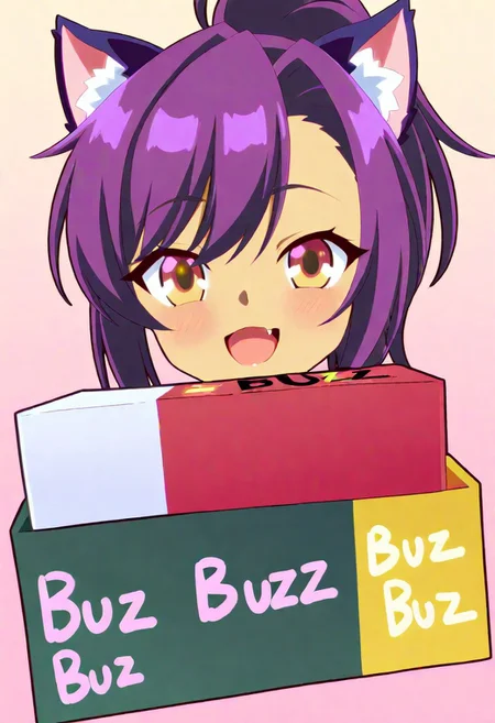 anime woman holding large gift box, tan skin, purple ponytail, asymmetrical bangs, cat ears, fang, striped red and white legwear, safe for work, smile, christmas eve, large gift box, ((text on box says: "Buzz":1.6)), ((text:"buzz":1.6)),