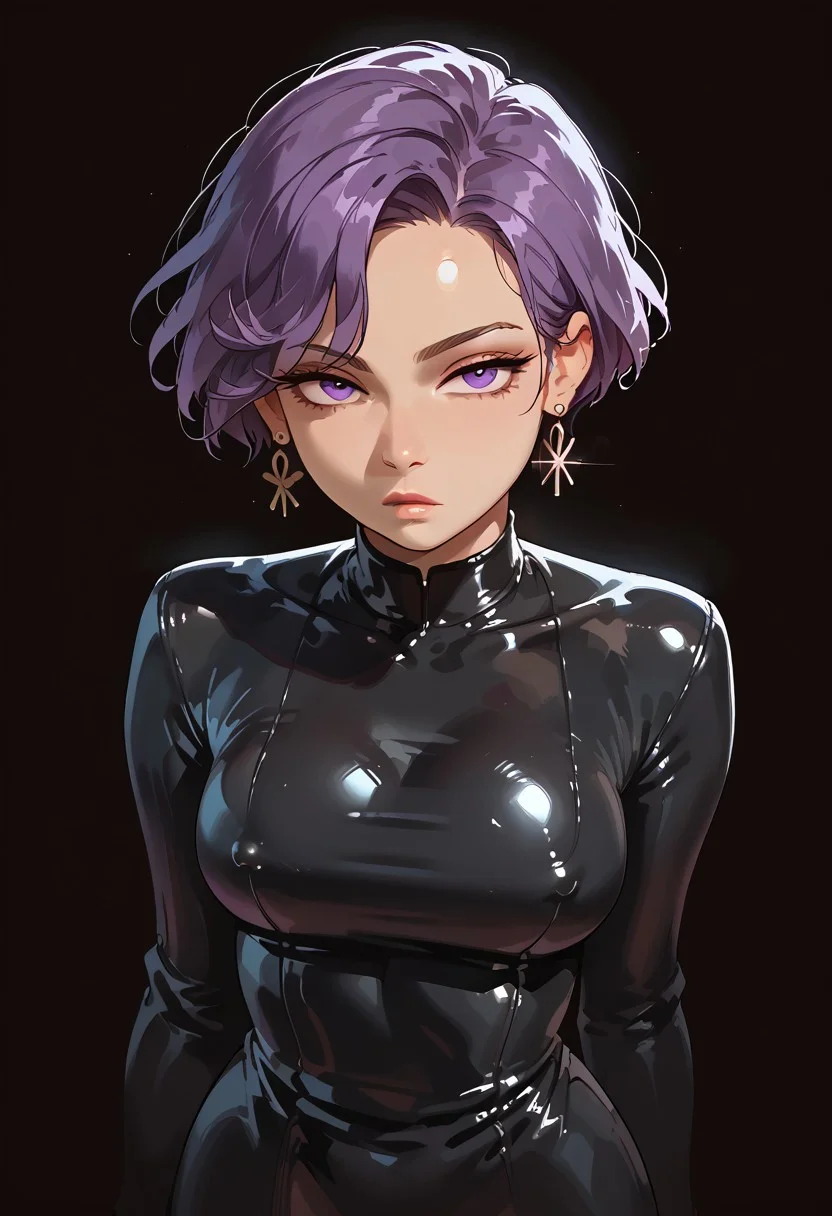 score_9, score_8_up, score_7_up, source_western_art, high res image, masterpiece, best quality, (dominant woman), medium breasts, round breasts, cute face, clear skin, shiny hair, dark background, latex dress, Focus from above, nipple bulge, skinny, wide hips, small waist, fit body, 
ClaraM, short hair, purple eyes, earrings, expressionless