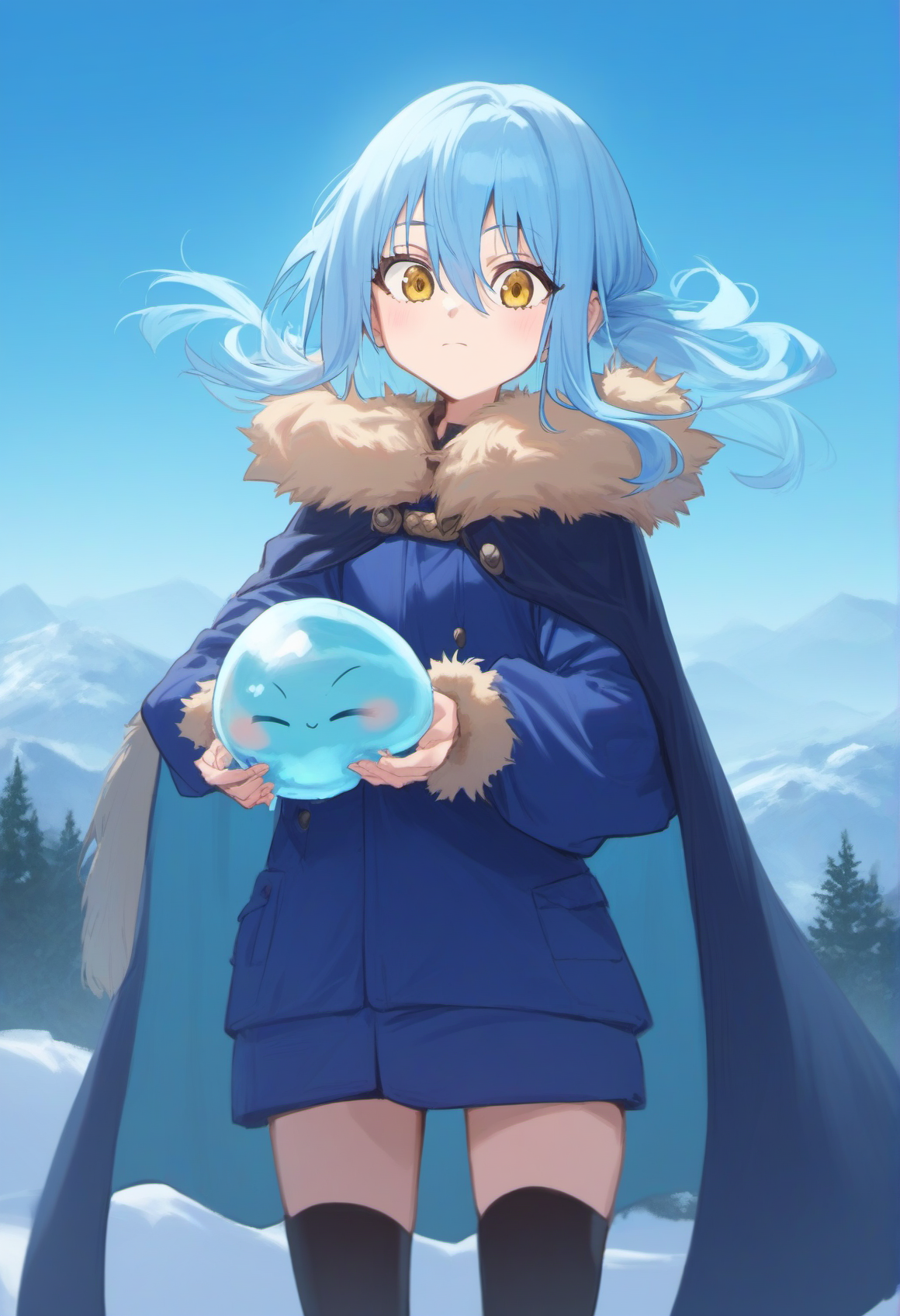 score_9, score_8_up, score_7_up, score_6_up,
tsepmet_urumir_xl, rimuru tempest, rating:safe, blue hair, cape, fur trim, long hair, yellow eyes, hair between eyes, fur-trimmed jacket, fur-trimmed legwear, blue fur trimmed jacket, holding slime \(creature\), cute, = =. + +,
official wallpaper, on a snowy mountain, backlighting, cowboy shot,
<lora:Rimuru_Tempest_XL_Pony:1>