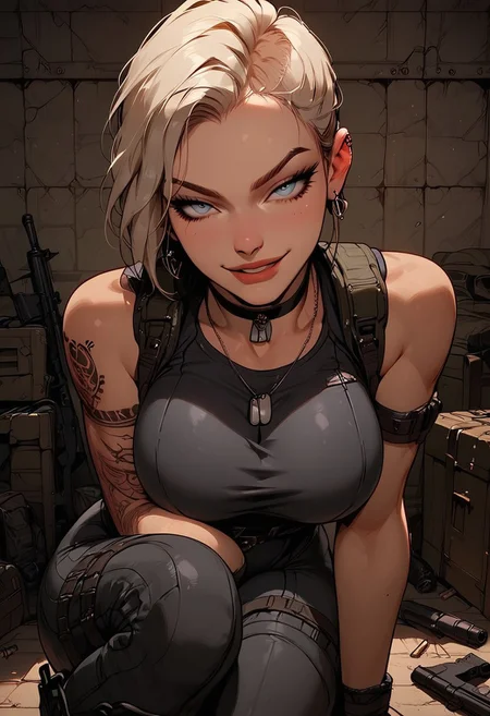 Score_9, Score8_up, Score_7_up, (((High Resolution, Best Quality))), 
1girl, solo, toned arms, sleeveless, Covered in Tattoos, neck tattoos, hair tied up, 
revealing bodysuit, tight bodysuit, tactical, military gear, large breasts, choker, dog tags, ear piece, 
seducing, seductive, flirty, tender, loving, playful, looking at viewer, smug, 
Sitting on ground, leaning against wall, relaxed, leaning back, arm resting on knees, arm on knee,
inside, Military, military base, military barracks, cots, crates, military boxes, guns, bullets, supplies, armory,