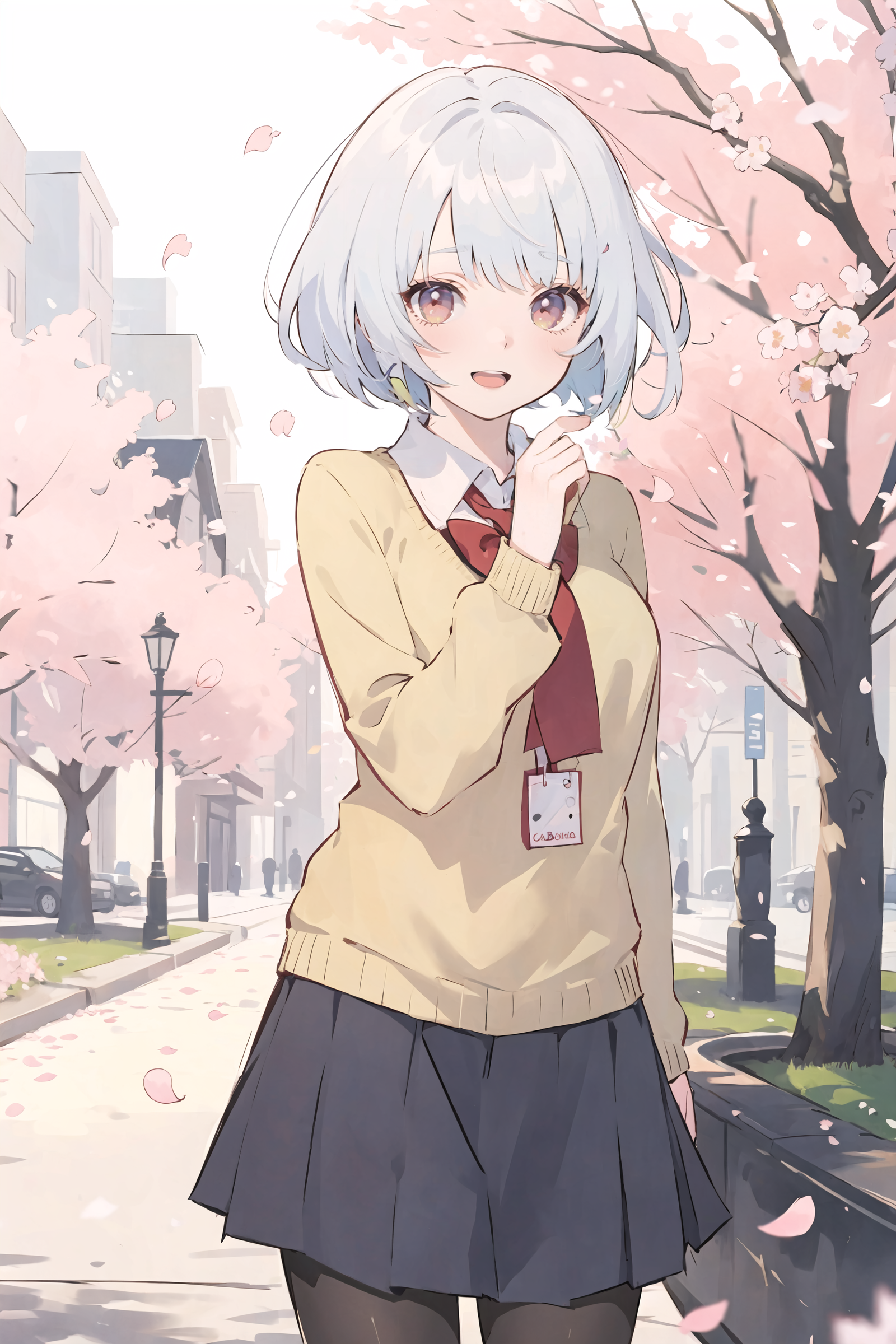 1girl, anby demara, solo, school uniform, white shirt, sweater, pleated skirt, pantyhose, smile, open mouth, looking at viewer, outdoors, street, cherry blossoms, petals, depth of field
