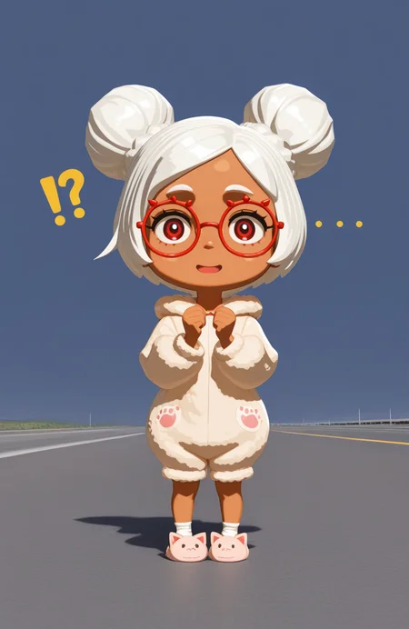 <lora:anatomy_helper:0.8> 1girl, solo, highway, full body, open mouth, !?, confused , perplexed , confused, ..., . . ., weary smile,,Holding head with both hands, 3d,
<lora:LilPurah-IL:0.8> prhmini, red eyes, red-framed eyewear, red-framed eyewear, dark-skinned female, white hair, double bun, chibi, animal pajamas, fleece onesie, hood, ankle socks, cartoon pattern, paw slippers, extremely detailed, highres, masterpiece, best quality
