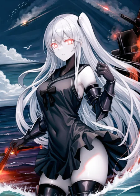 best quality, best anatomy, digital painting, Intricately designed illustration, dynamic, cowboy shot, aircraft carrier oni, abyssal ship, 1girl, scared, glowing, glowing eyes, pale skin, red eyes, very long hair, white hair, one side up, breasts, large breasts, black dress, sailor dress, sleeveless, gauntlets, armor, thighhighs, zettai ryouiki, dark skies, ocean, water, finely detailed background, amazing background