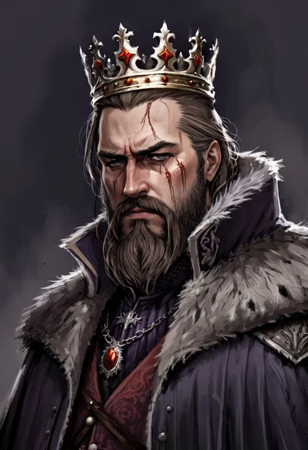 (Conceptual Art in jrst artstyle:1.2) about a mad king, hair down, dirty, stubble beard, sad, depressed, tear, tattered noble outfit, concept art