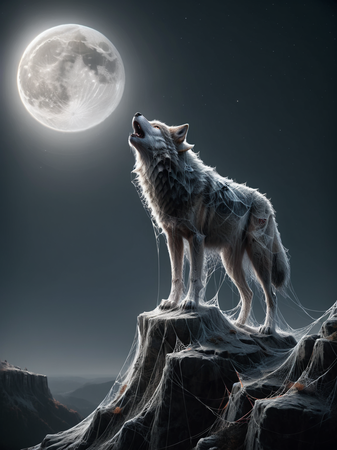 ais-webz wolf, on the edge of a cliff, howling at the moon <lora:Cobweb_Style_SDXL:1>