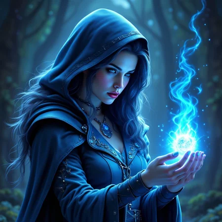 Cinematic style, Realism, Film still, High quality, A mystical and Elizabeth 2.0 as a powerful sorceress with flowing blue hair, dressed in an ornate blue hooded cloak. She is casting a spell, her hands glowing with blue magical energy. Her intense, captivating eyes are focused on the spell, and her cheeks are flushed with concentration. The background is ethereal and filled with swirling magic, adding to the otherworldly atmosphere. The intricate details of her clothing and the shimmering magical effects create a sense of fantasy and enchantment.