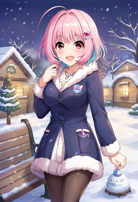 masterpiece, high quality,yumemi riamu, pink hair, ahoge, short hair, pink eyes, 1girl, jewelry, necklace, brown eyes, tree, smile, skirt, open mouth, pantyhose, snow, bench, snowing, blush, looking at viewer, lamppost, :d, night, bare tree, sky, striped, outdoors, hair ornament, winter