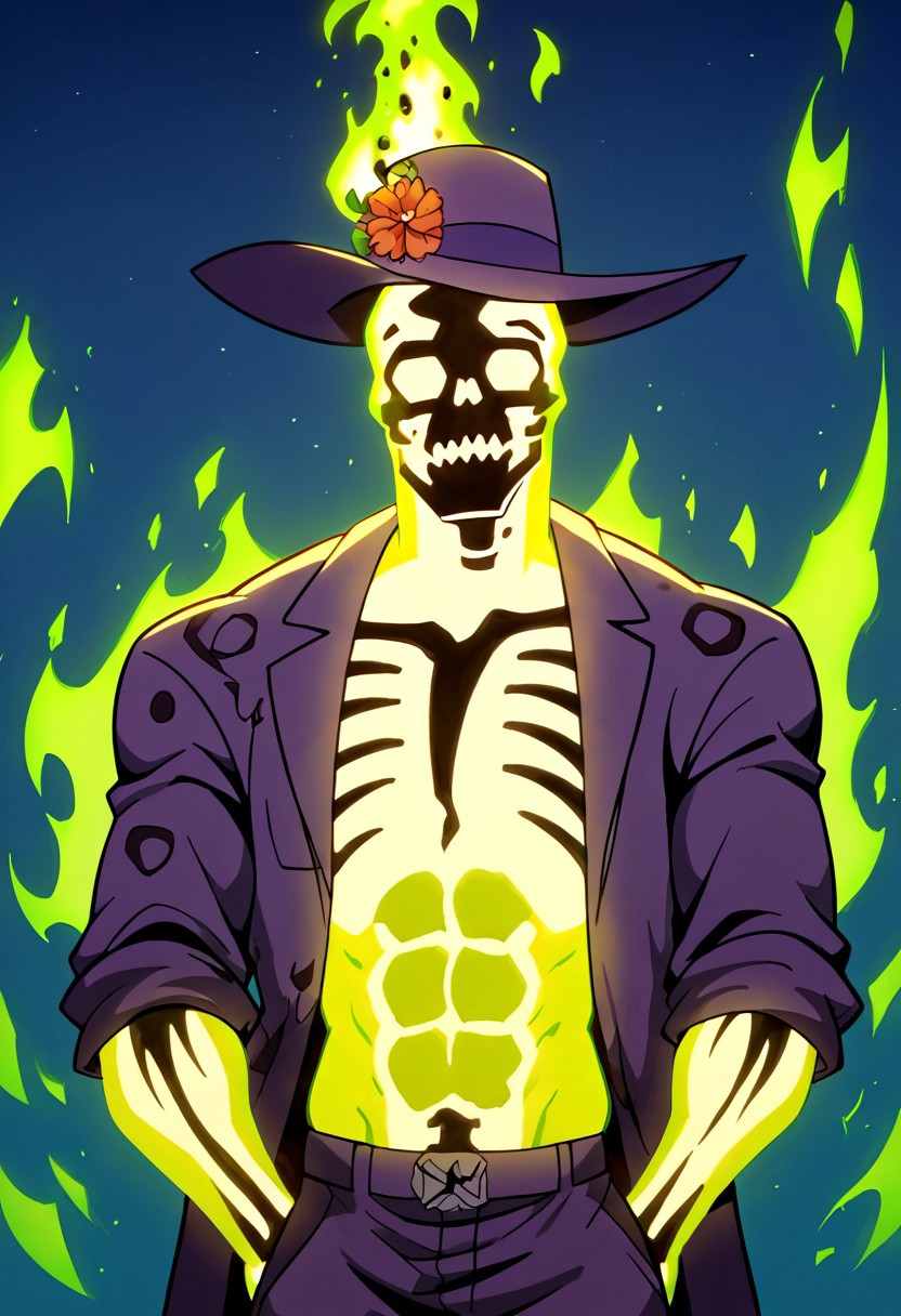 glowing, shirtless, dark skeleton, green fire,solo, hat, purple coat with leopard print, night background, solo, muscle body, muscle biceps, muscle chest, abs, sexy abs, six pack abs, <lora:Dr._Phosporus:1> drphosporus, score_9, score_8_up, score_7_up, score_6_up, 2d, digital art, masterpiece <lora:Expressive_H:0.4> expressiveh <lora:princess_xl_v2:0.3> <lora:g0th1c2XLP:0.3> g0th1c