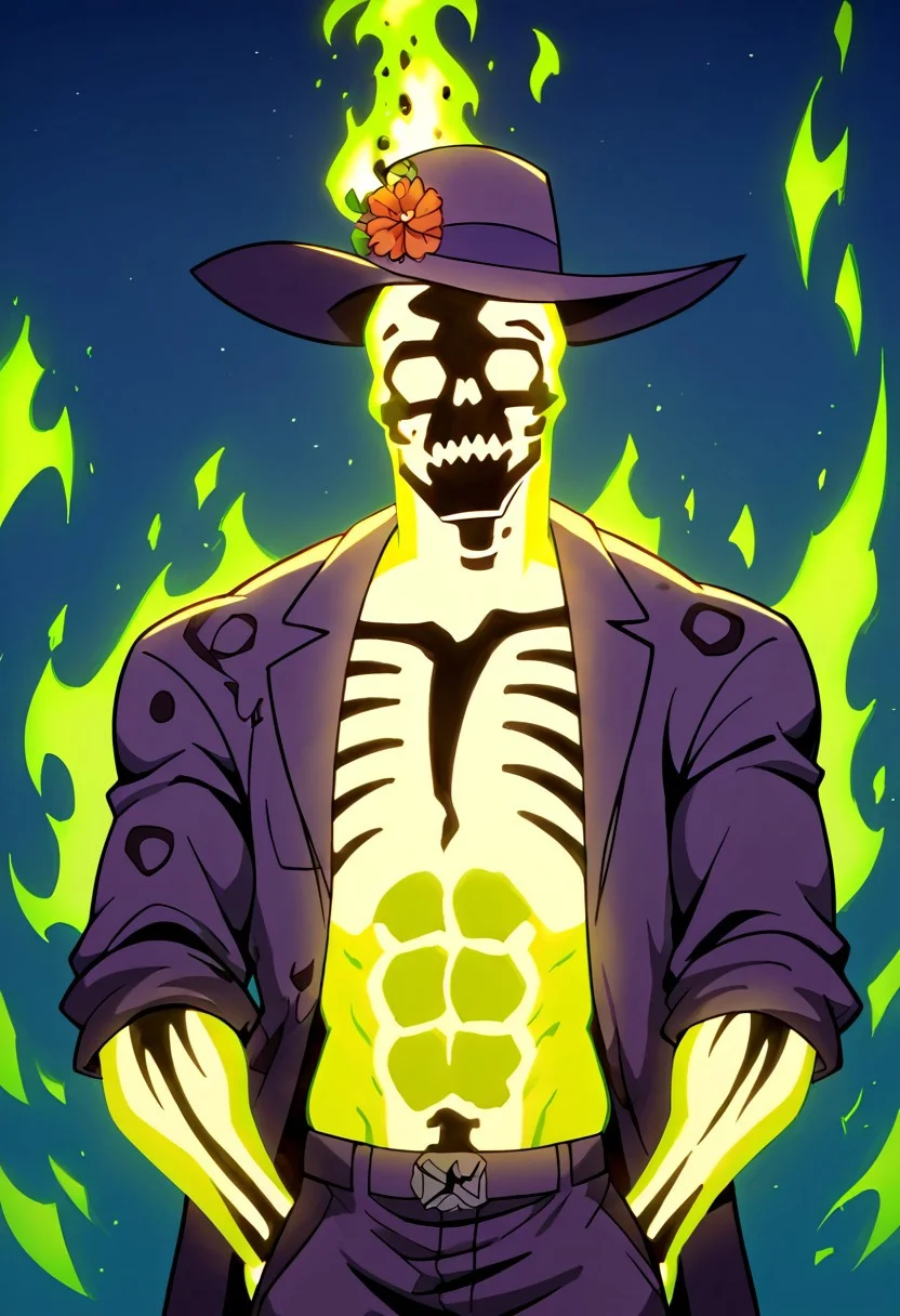 glowing, shirtless, dark skeleton, green fire,solo, hat, purple coat with leopard print, night background, solo, muscle body, muscle biceps, muscle chest, abs, sexy abs, six pack abs, <lora:Dr._Phosporus:1> drphosporus, score_9, score_8_up, score_7_up, score_6_up, 2d, digital art, masterpiece <lora:Expressive_H:0.4> expressiveh <lora:princess_xl_v2:0.3> <lora:g0th1c2XLP:0.3> g0th1c