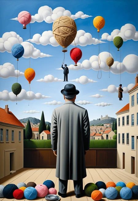 masterpiece, very aesthetic, absurdres, newest, Yarnworld, painting, magritte, the son of man <lora:Challenge_Winnifier:0> <lora:Yarnworld-000017:0.7>
